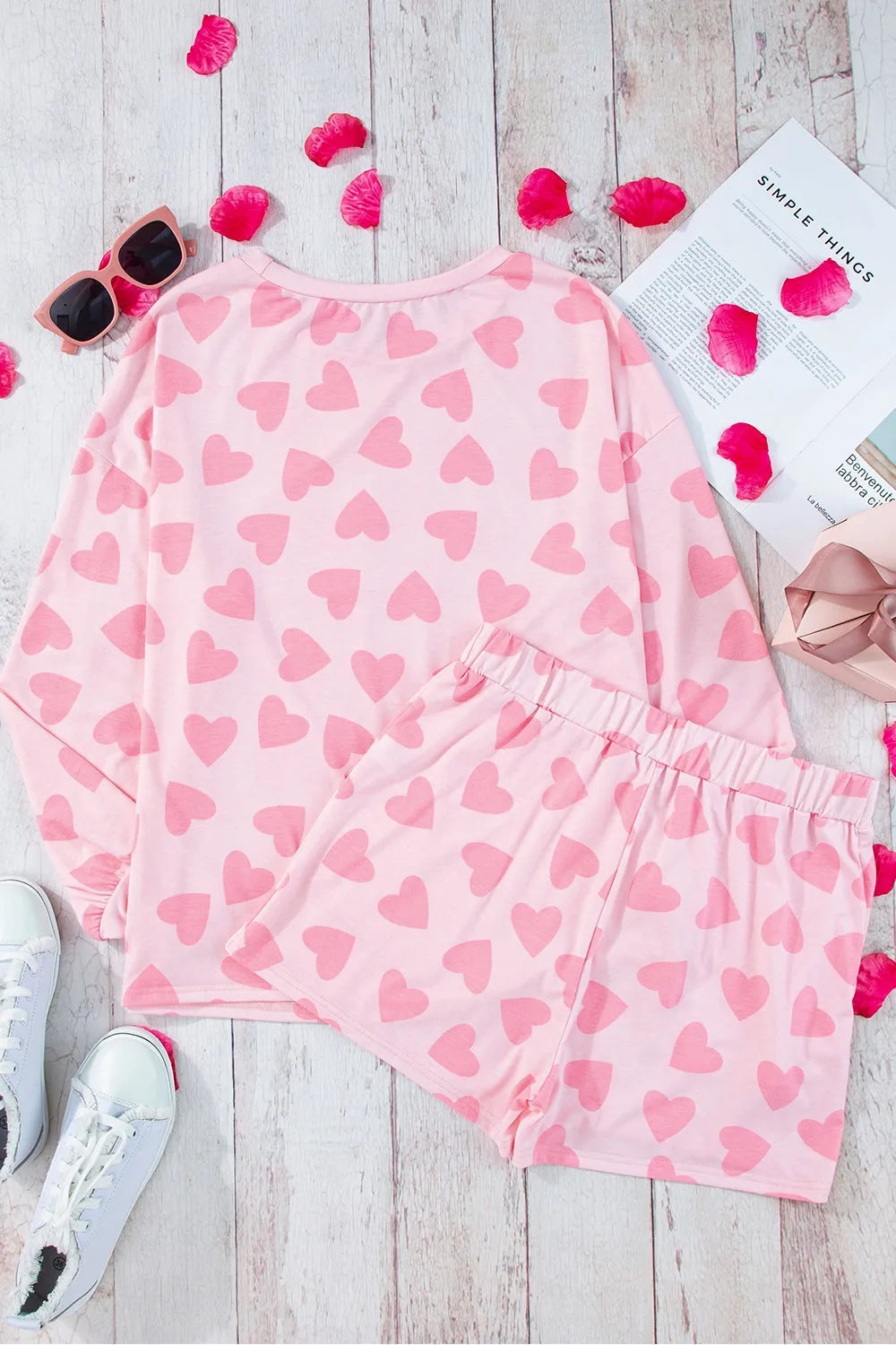 Heart Print Round Neck Top and Shorts Lounge Set Loungewear Sets - Tophatter Daily Deals