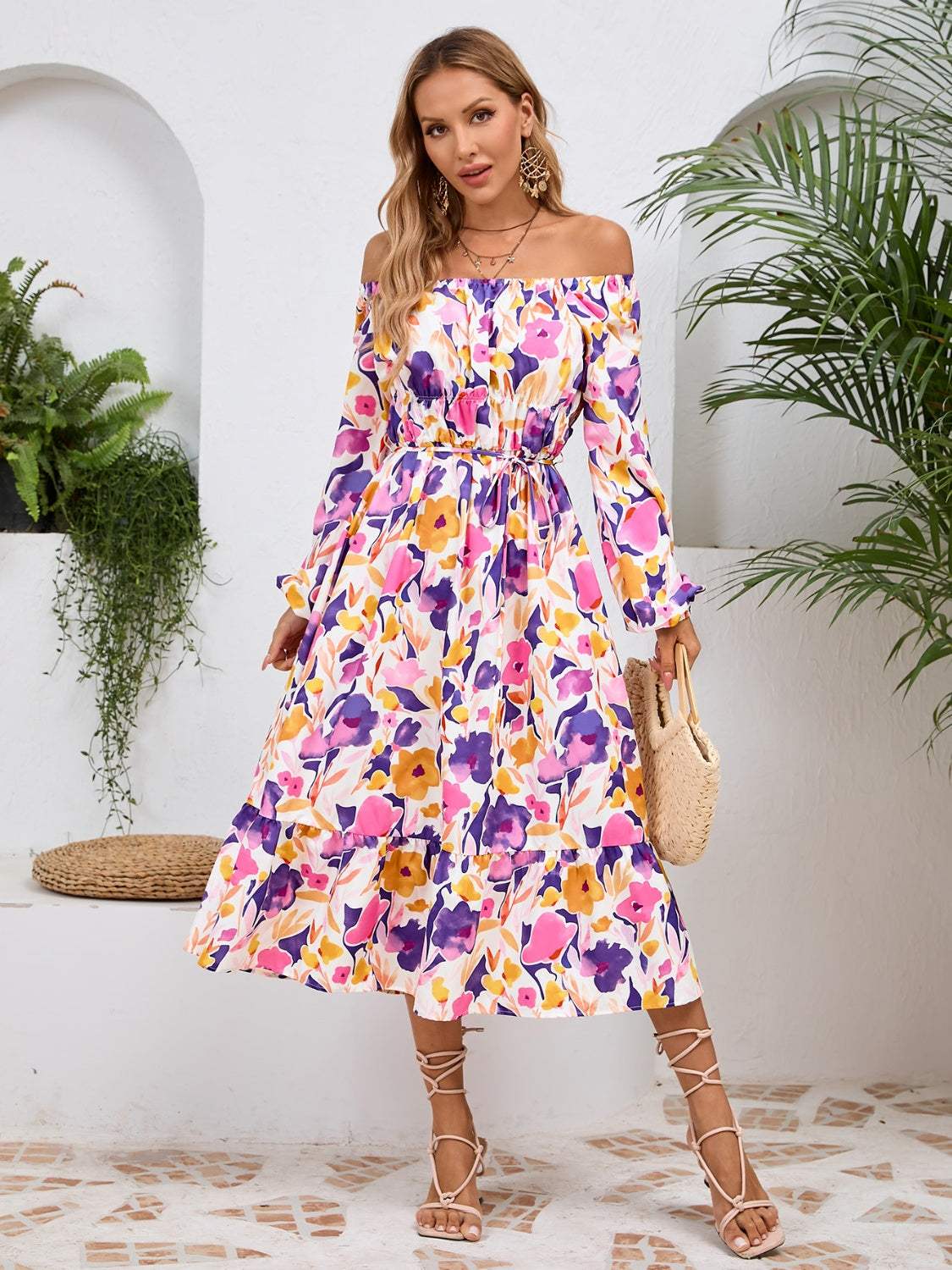 Printed Long Sleeve Midi Dress Casual Dresses - Tophatter Daily Deals