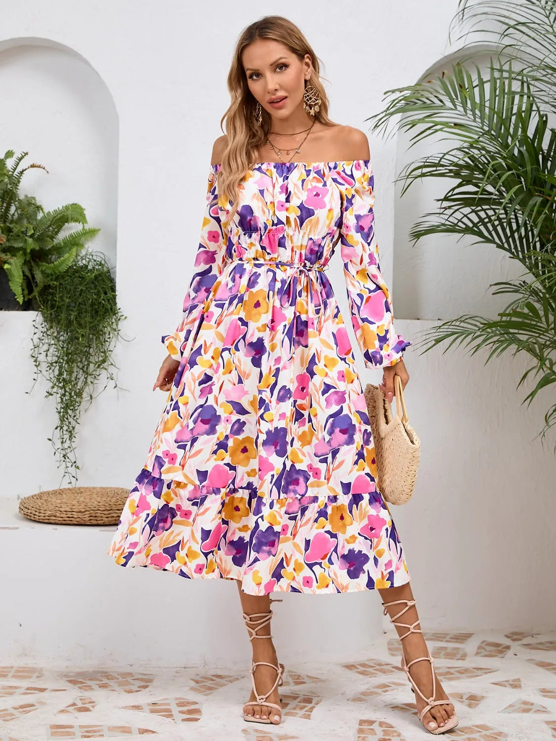 Printed Long Sleeve Midi Dress Lavender Casual Dresses - Tophatter Daily Deals