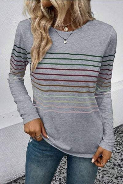 Striped Round Neck Long Sleeve T-Shirt Charcoal Women's T-Shirts - Tophatter Daily Deals