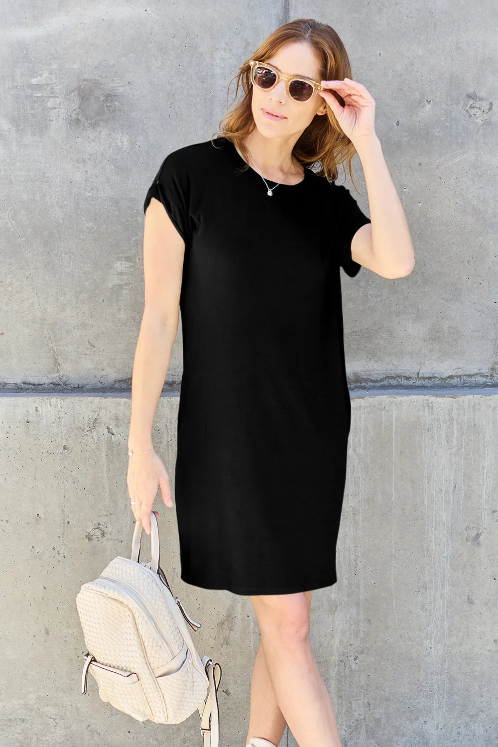 Basic Bae Bamboo Full Size Round Neck Short Sleeve Dress with Pockets Black Casual Dresses - Tophatter Daily Deals