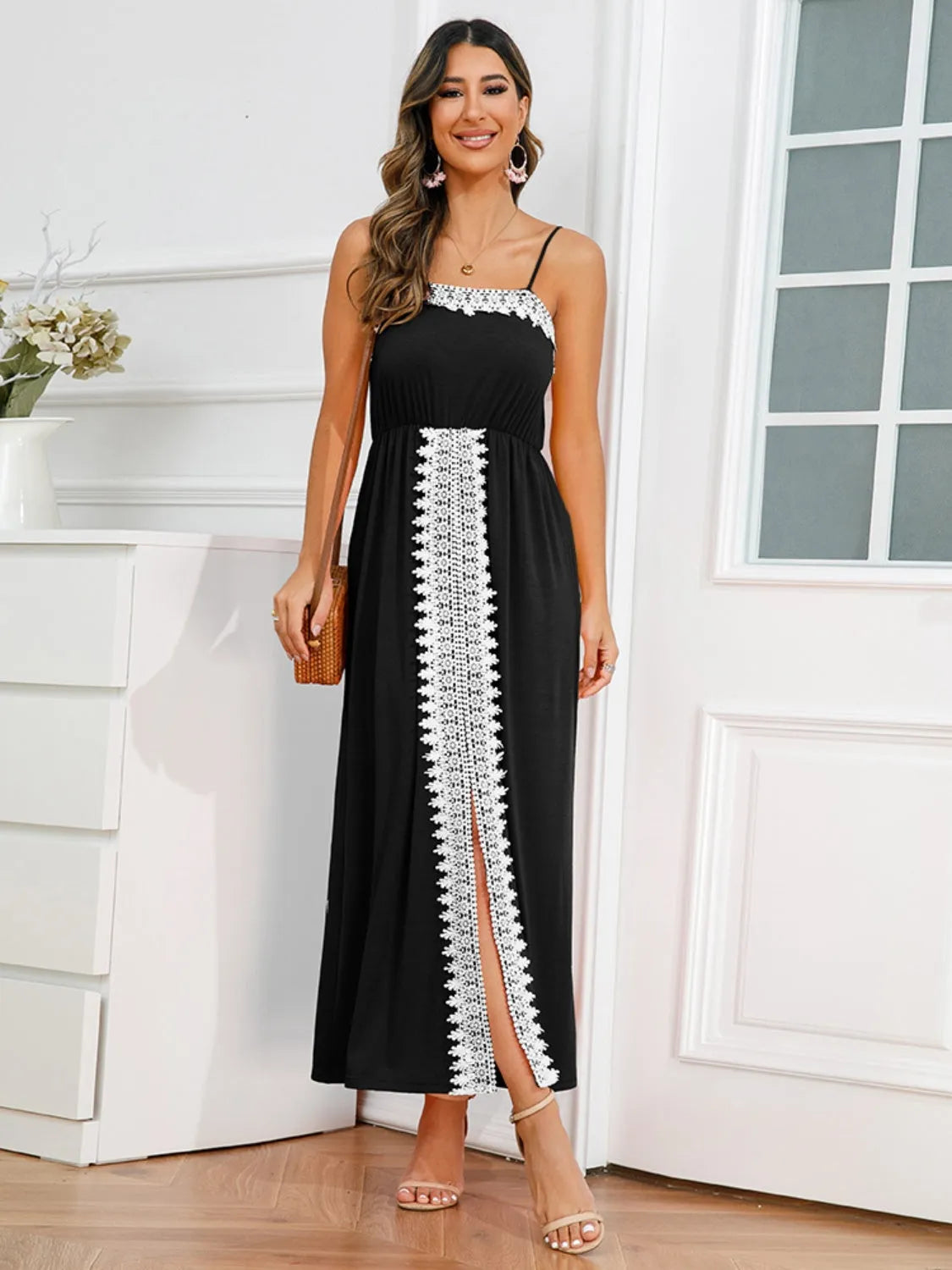 Slit Lace Detail Spaghetti Strap Dress Casual Dresses - Tophatter Daily Deals