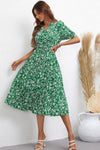 Floral Tie Waist Puff Sleeve Midi Dress Mid Green Casual Dresses - Tophatter Daily Deals