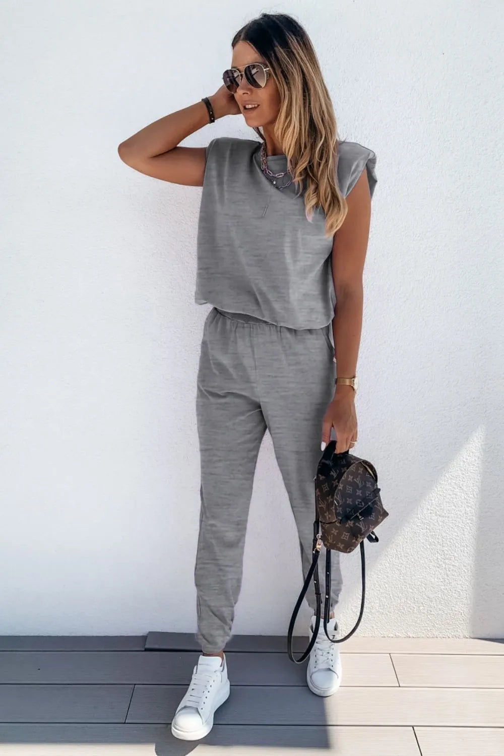 Padded Shoulder Top and Joggers Lounge Set Mid Gray Loungewear Sets - Tophatter Daily Deals