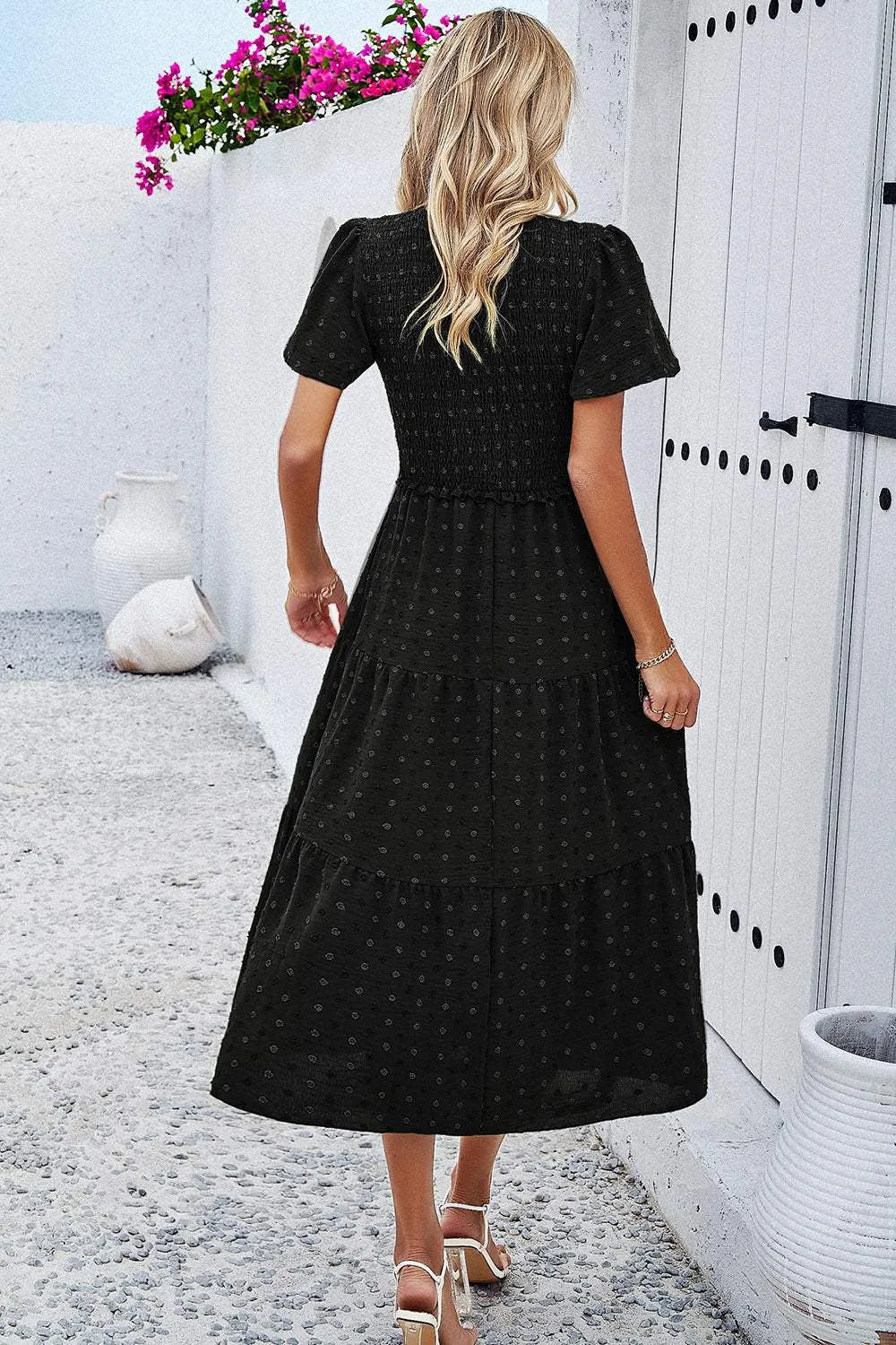 Swiss Dot Short Sleeve Smocked Dress Casual Dresses - Tophatter Daily Deals