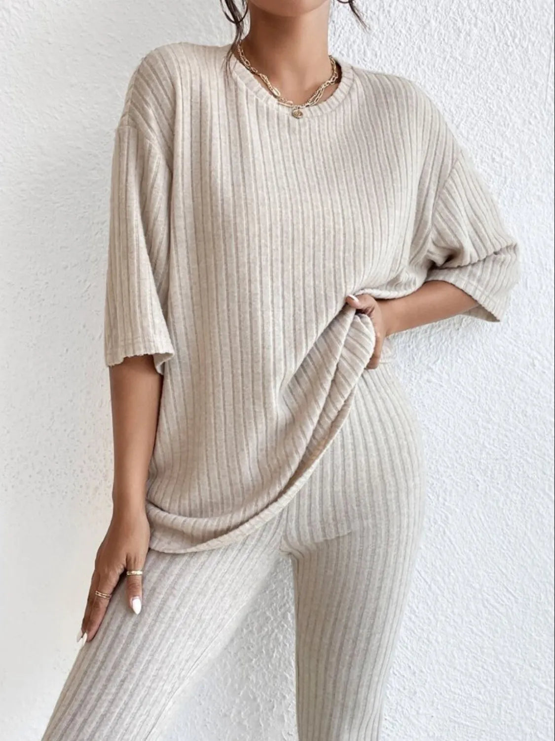 Ribbed Round Neck T-Shirt and Pants Lounge Set Loungewear Sets - Tophatter Daily Deals