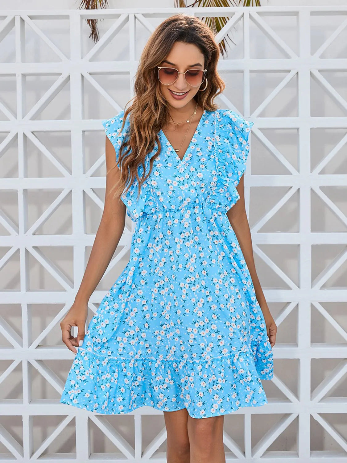 Ruffled Ditsy Floral Surplice Mini Dress Pastel Blue Casual Dresses - Tophatter Daily Deals