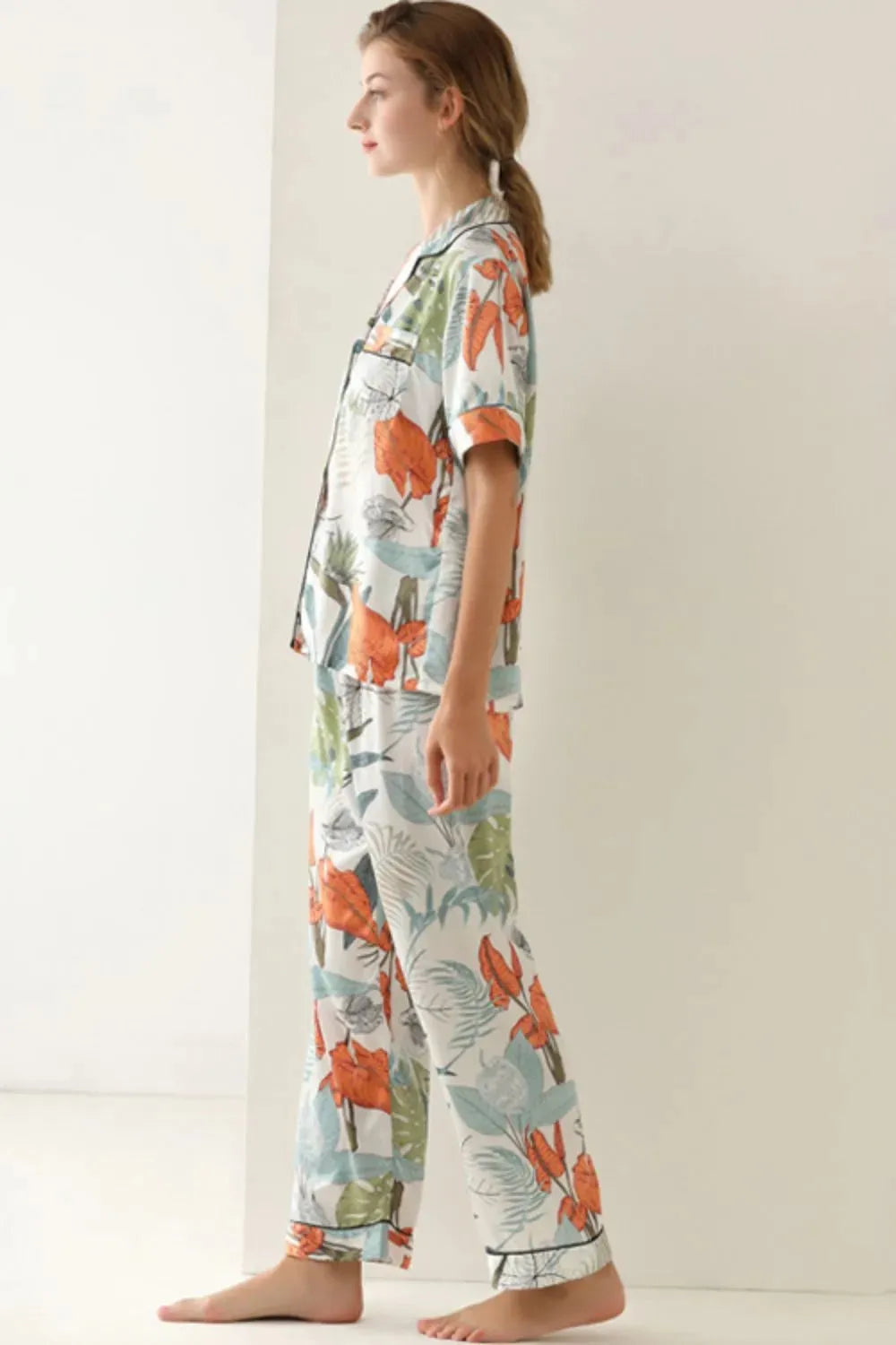 Botanical Print Button-Up Top and Pants Pajama Set Loungewear Sets - Tophatter Daily Deals
