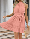 Ruched Grecian Neck Tie Waist Mini Dress Pale Blush Casual Dresses - Tophatter Daily Deals