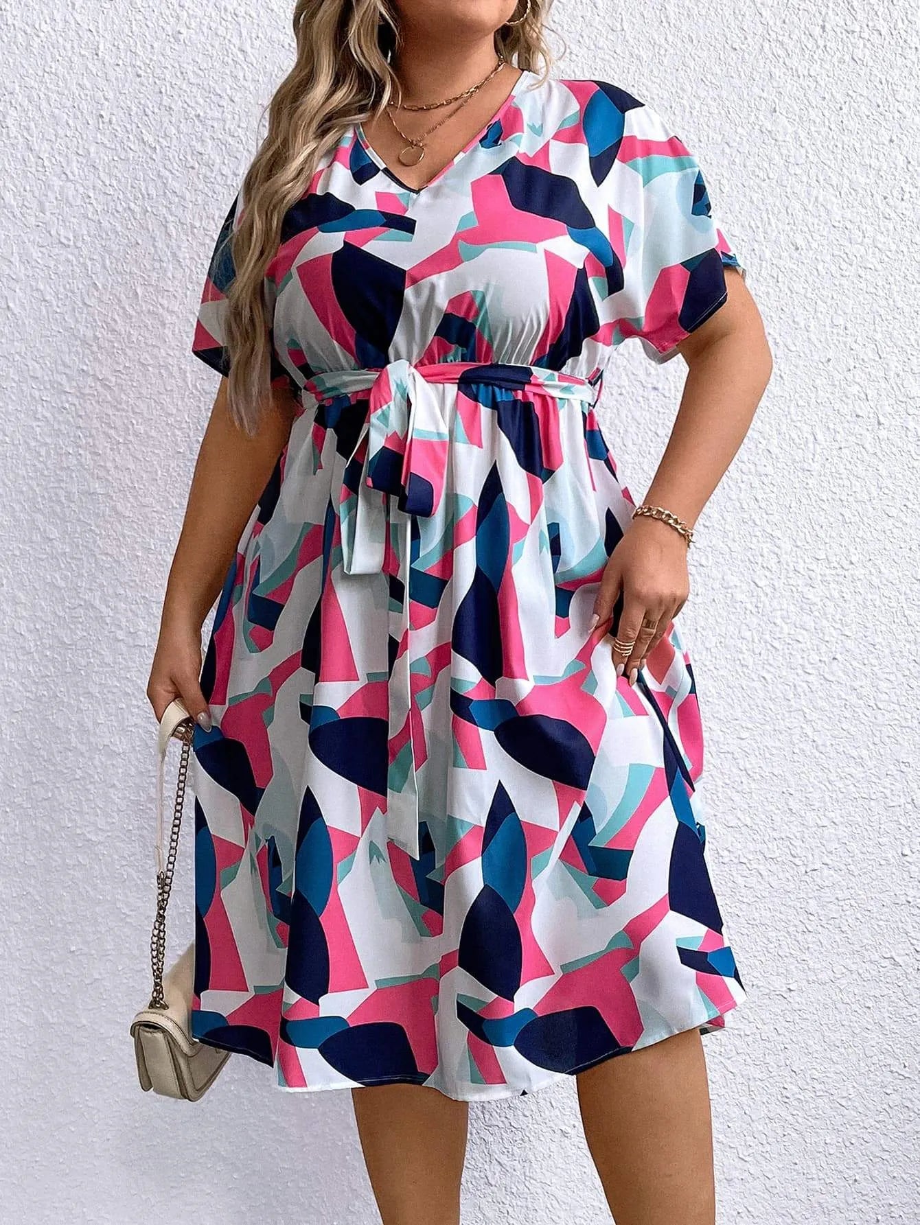 Plus Size Multicolored V-Neck Tie Waist Dress Casual Dresses - Tophatter Daily Deals