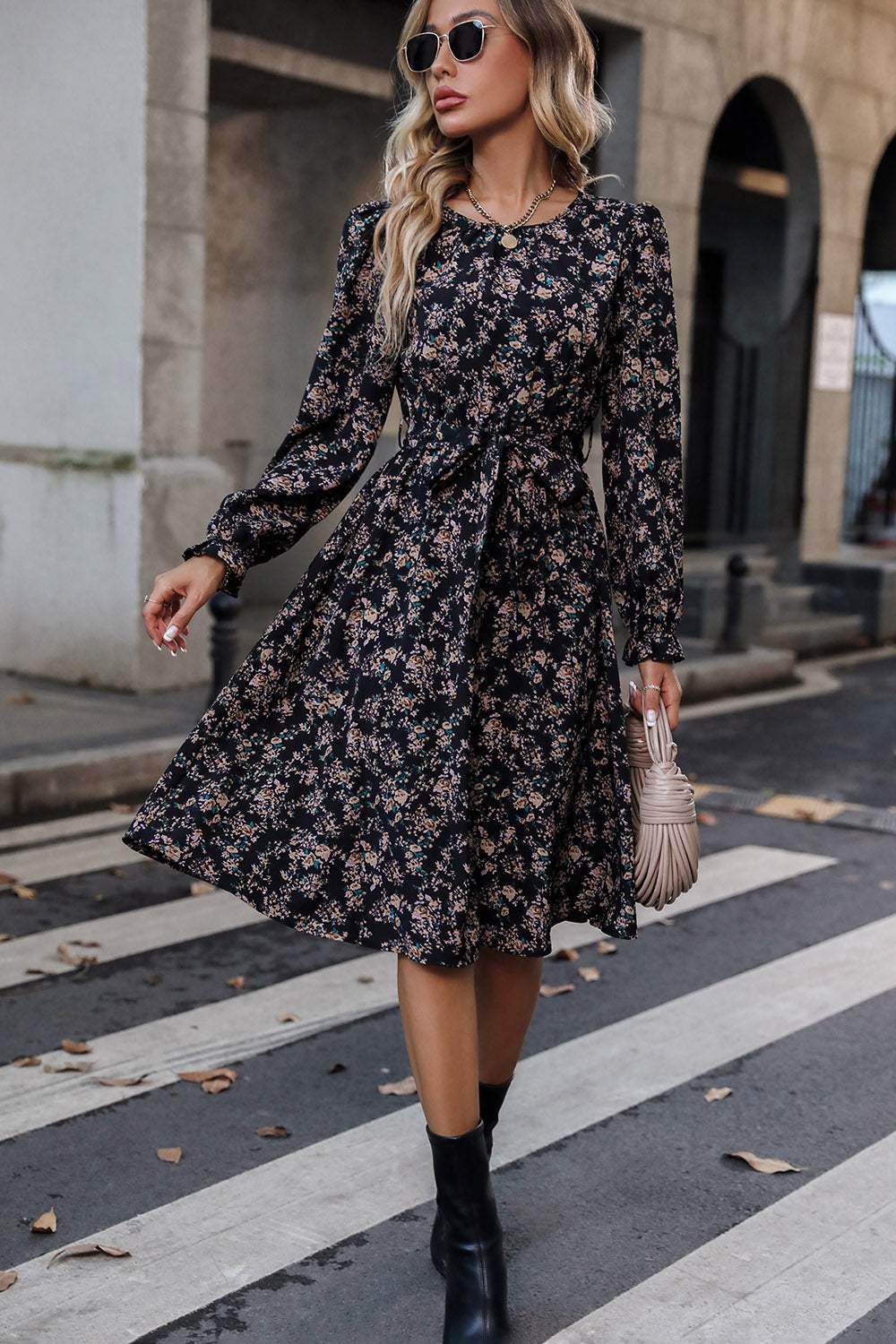 Printed Round Neck Flounce Sleeve Dress Black Casual Dresses - Tophatter Daily Deals