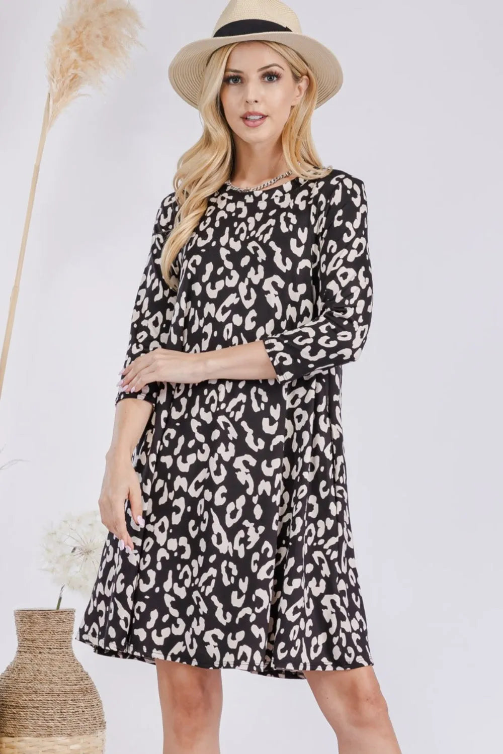 Celeste Full Size Leopard Three-Quarter Sleeve Dress with Pockets Casual Dresses - Tophatter Daily Deals