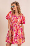 BiBi Floral V-Neck Puff Sleeve Mini Dress Orange Fuchsia Casual Dresses - Tophatter Daily Deals