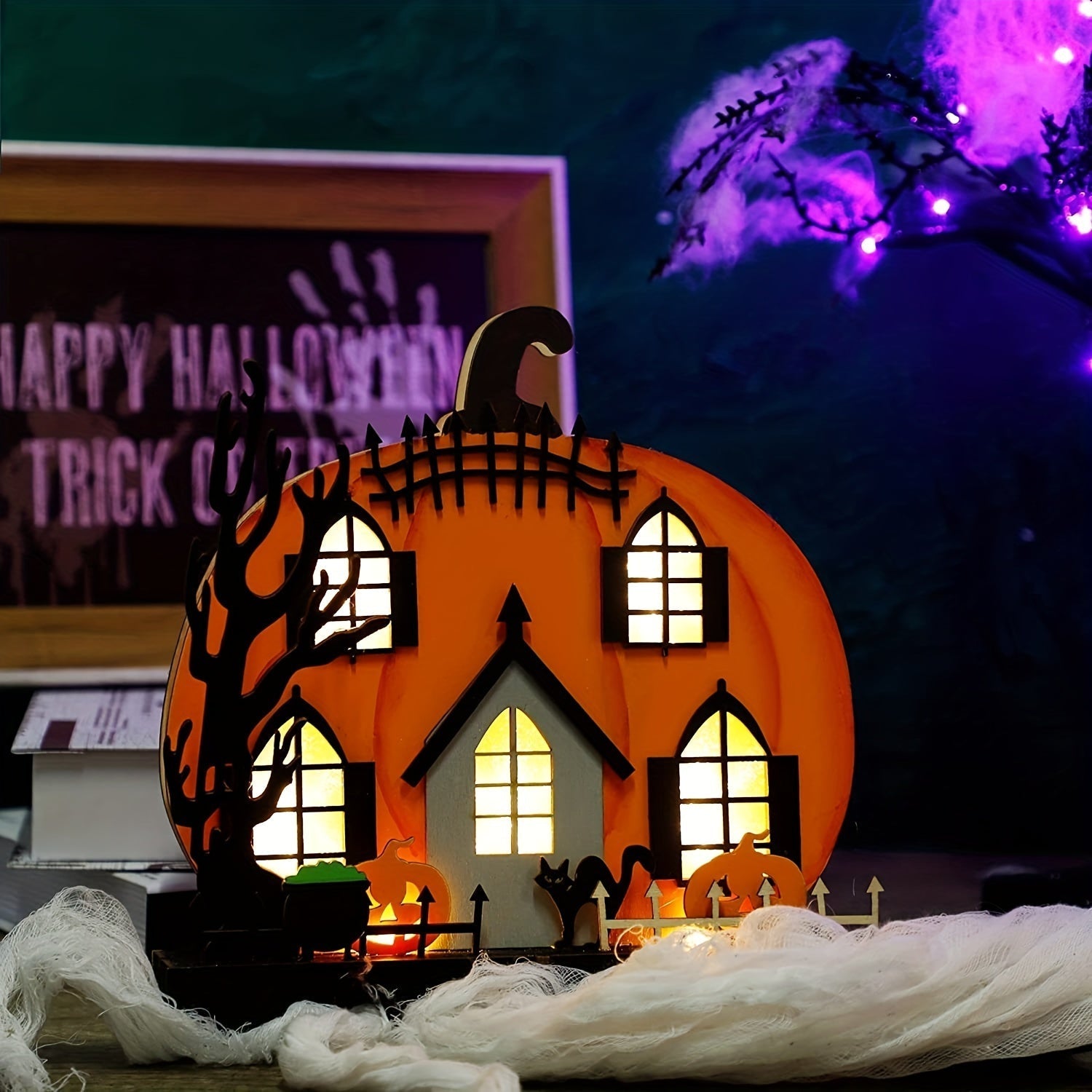 Wooden Lighted Pumpkin House Halloween Tabletop Decoration Halloween - Tophatter Daily Deals