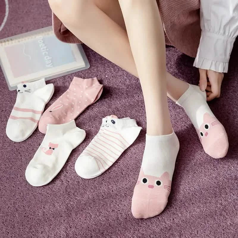 5-Pairs: Pink Kitty Crew Socks Women's Socks & Hosiery - Tophatter Daily Deals