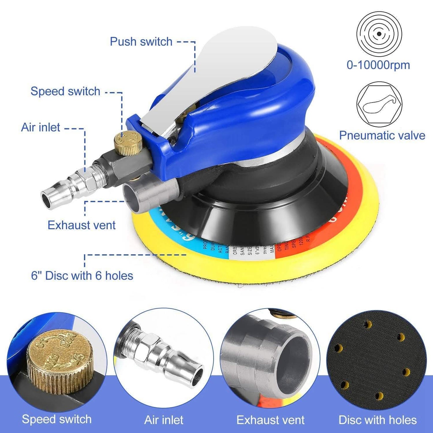 6" Air Random Orbital Sander Pneumatic Home Improvement - Tophatter Daily Deals