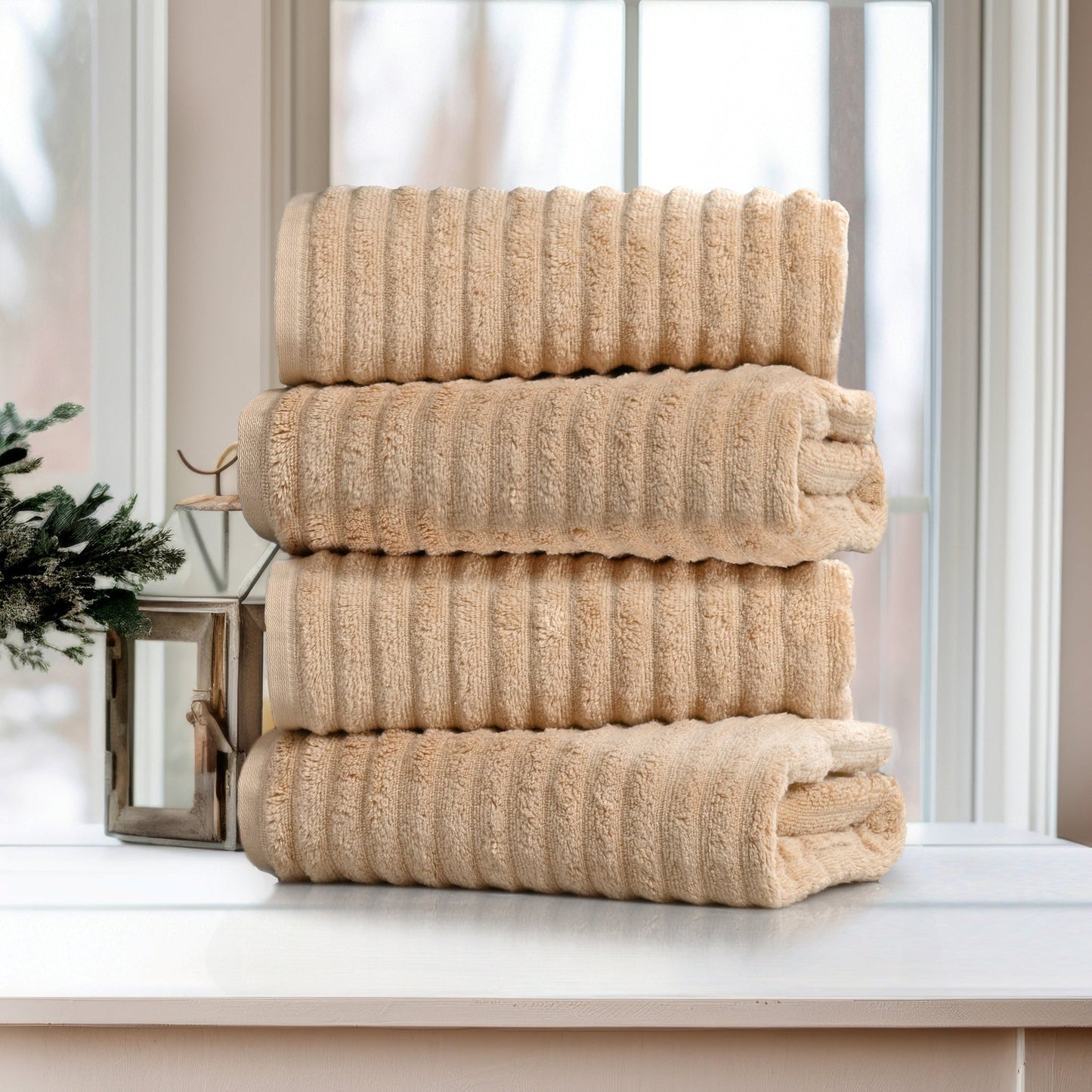 Bibb Home 4 Pack Ribbed Egyptian Cotton Bath Towel Set Linen Bath Towel - Tophatter Daily Deals