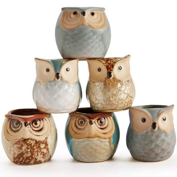 6-Pack: 2.5 Inch Owl Pot Ceramic Base Garden & Patio - Tophatter Daily Deals