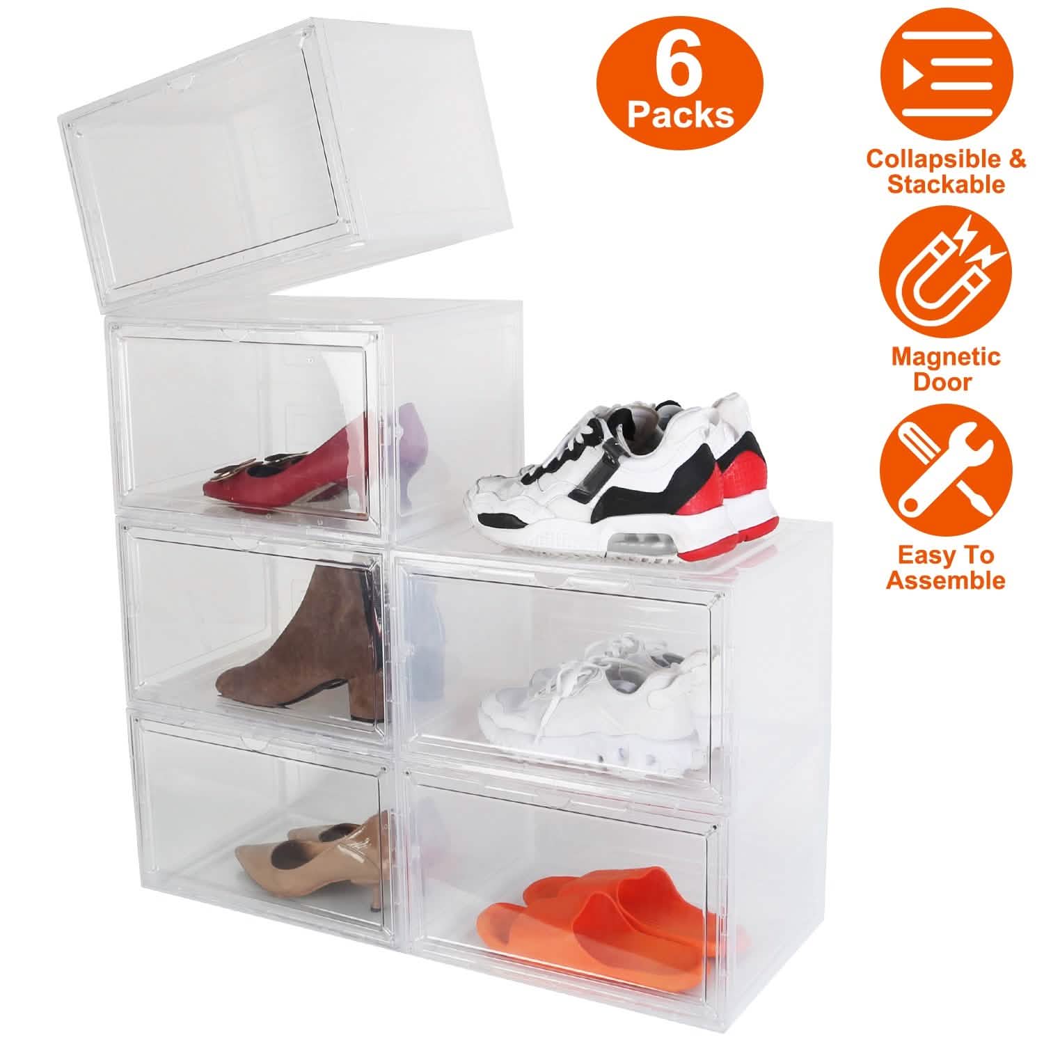 6-Pack: Collapsible Shoe Box Stackable Shoe Storage Bin with Magnetic Door Storage & Organization - Tophatter Daily Deals