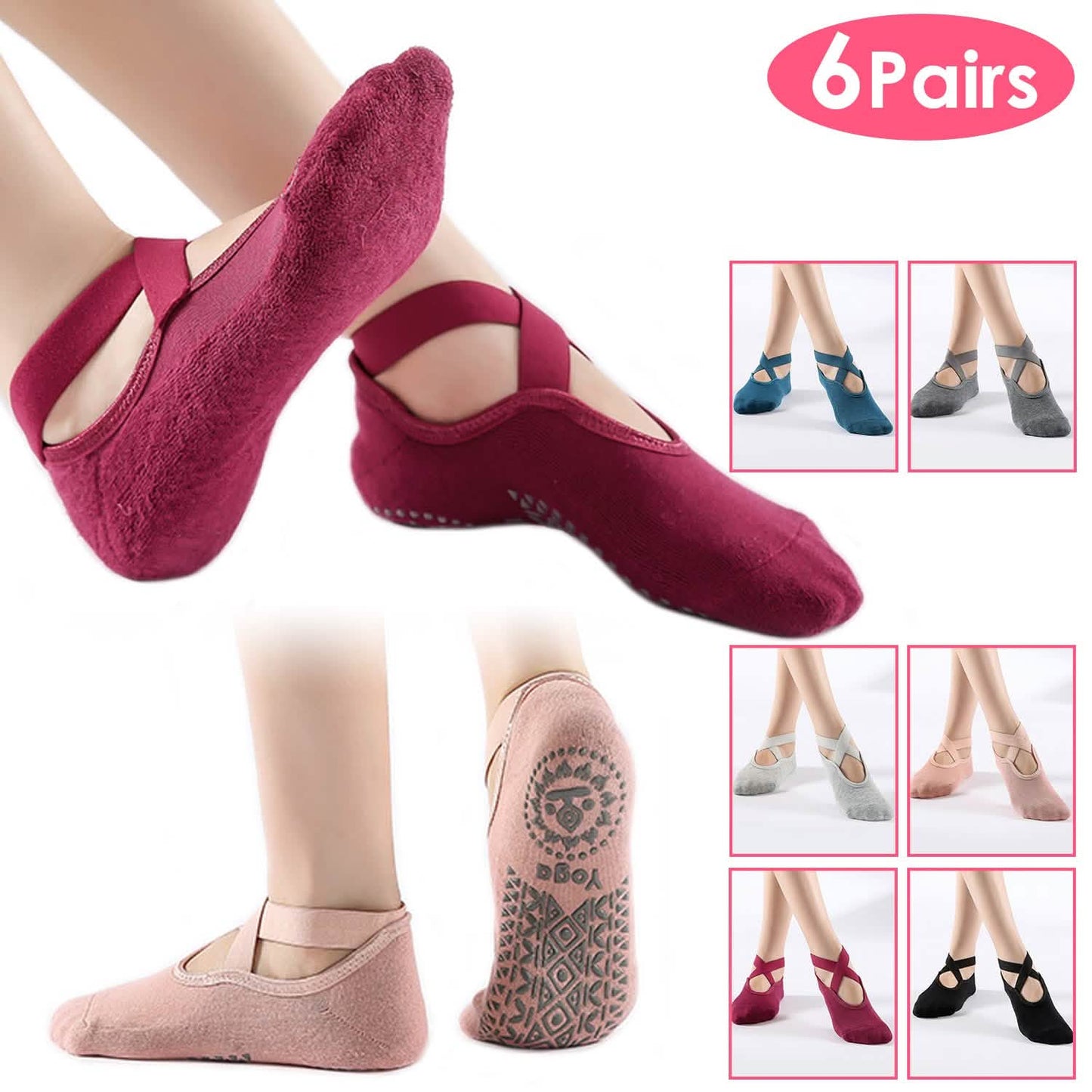 6-Pack: Women Yoga Socks with Straps Non-Slip Grips Women's Socks & Hosiery - Tophatter Daily Deals
