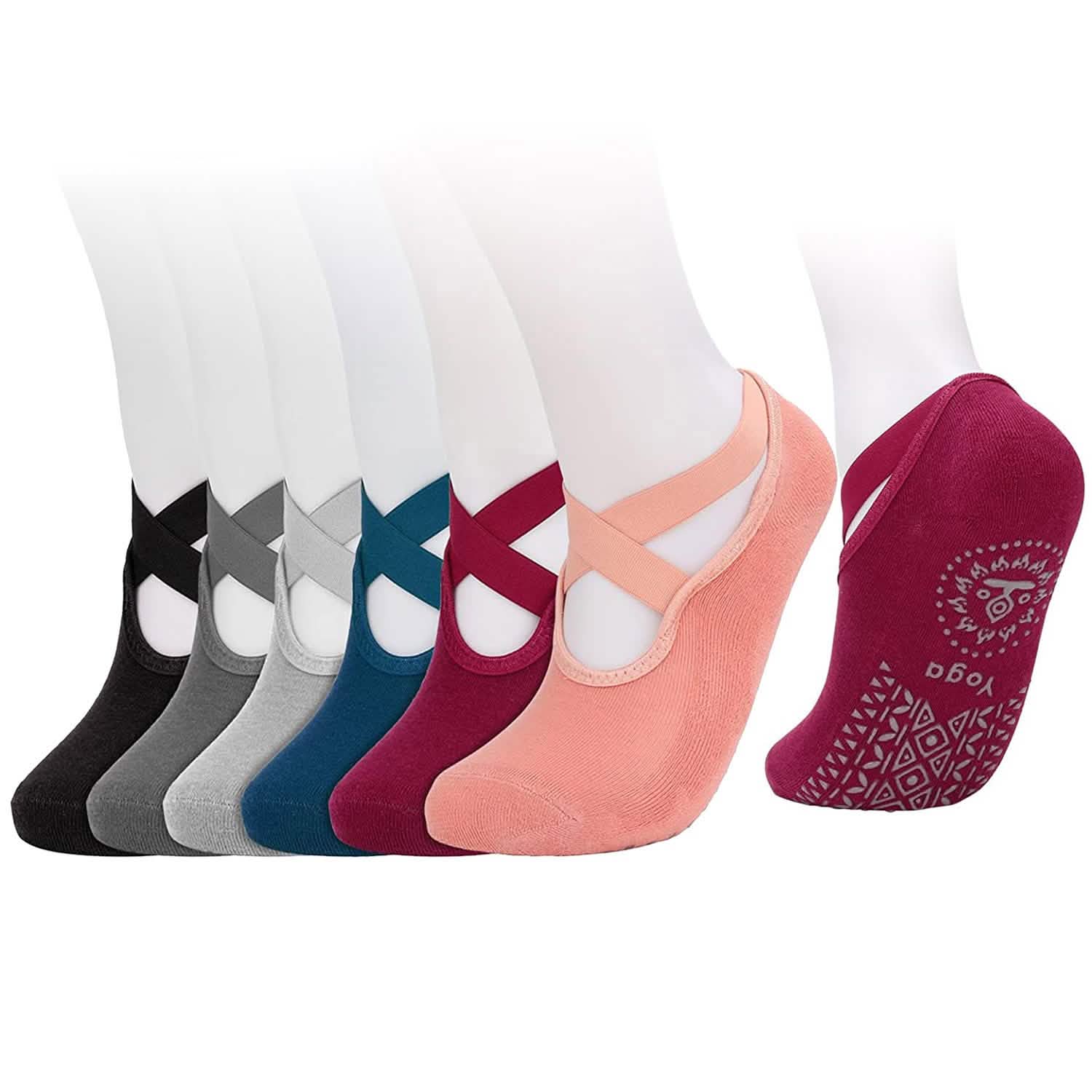 6-Pack: Women Yoga Socks with Straps Non-Slip Grips Women's Socks & Hosiery - Tophatter Daily Deals