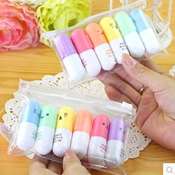 6-Piece: Cute Pill Shape Mini Highlighter Marker School, Office & Art Supplies - Tophatter Daily Deals