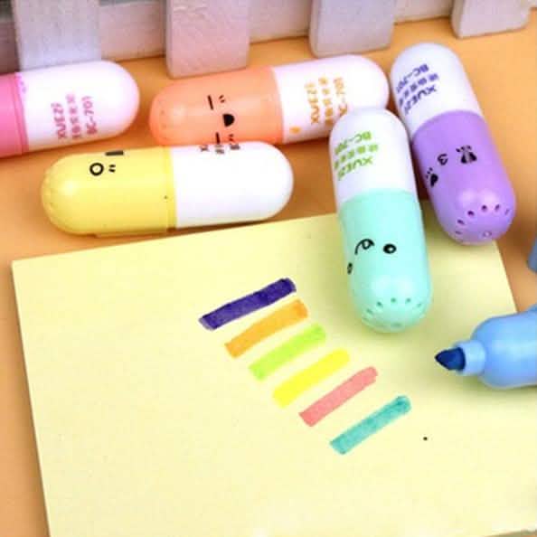 6-Piece: Cute Pill Shape Mini Highlighter Marker School, Office & Art Supplies - Tophatter Daily Deals