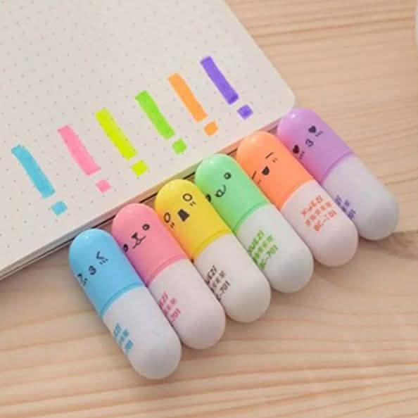 6-Piece: Cute Pill Shape Mini Highlighter Marker School, Office & Art Supplies - Tophatter Daily Deals