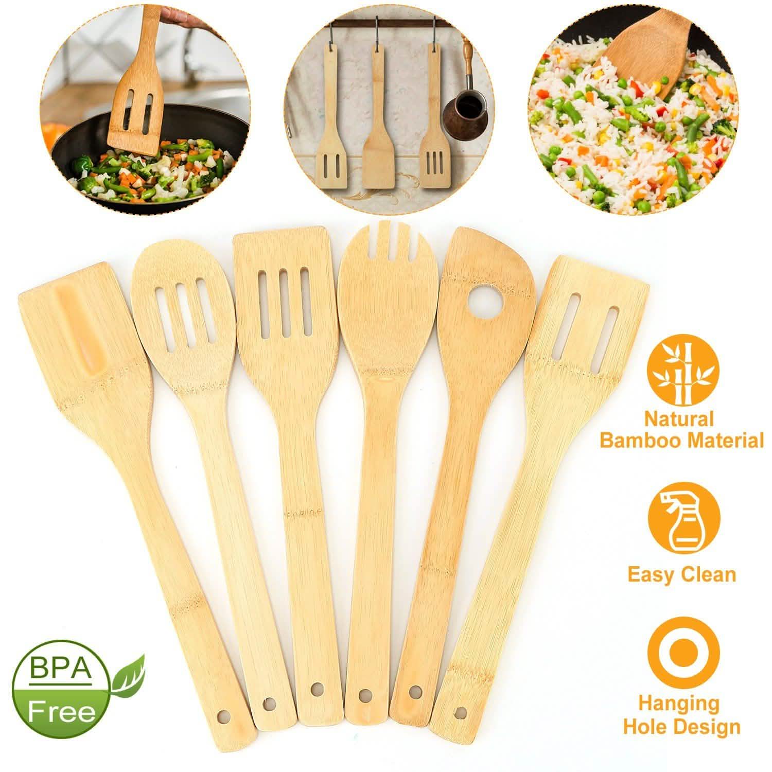 6-Pieces: Cooking Utensil Bamboo Wooden Spoons Kitchen Tools & Gadgets - Tophatter Daily Deals