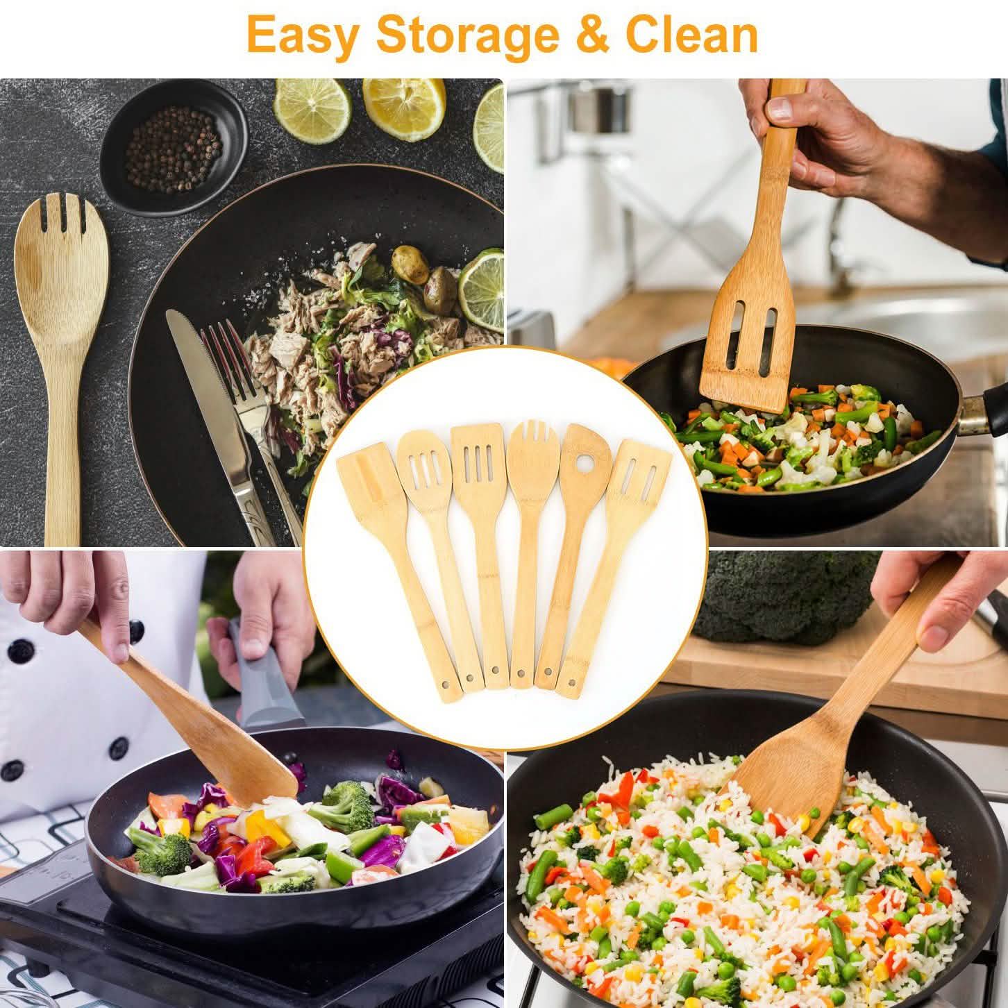 6-Pieces: Cooking Utensil Bamboo Wooden Spoons Kitchen Tools & Gadgets - Tophatter Daily Deals