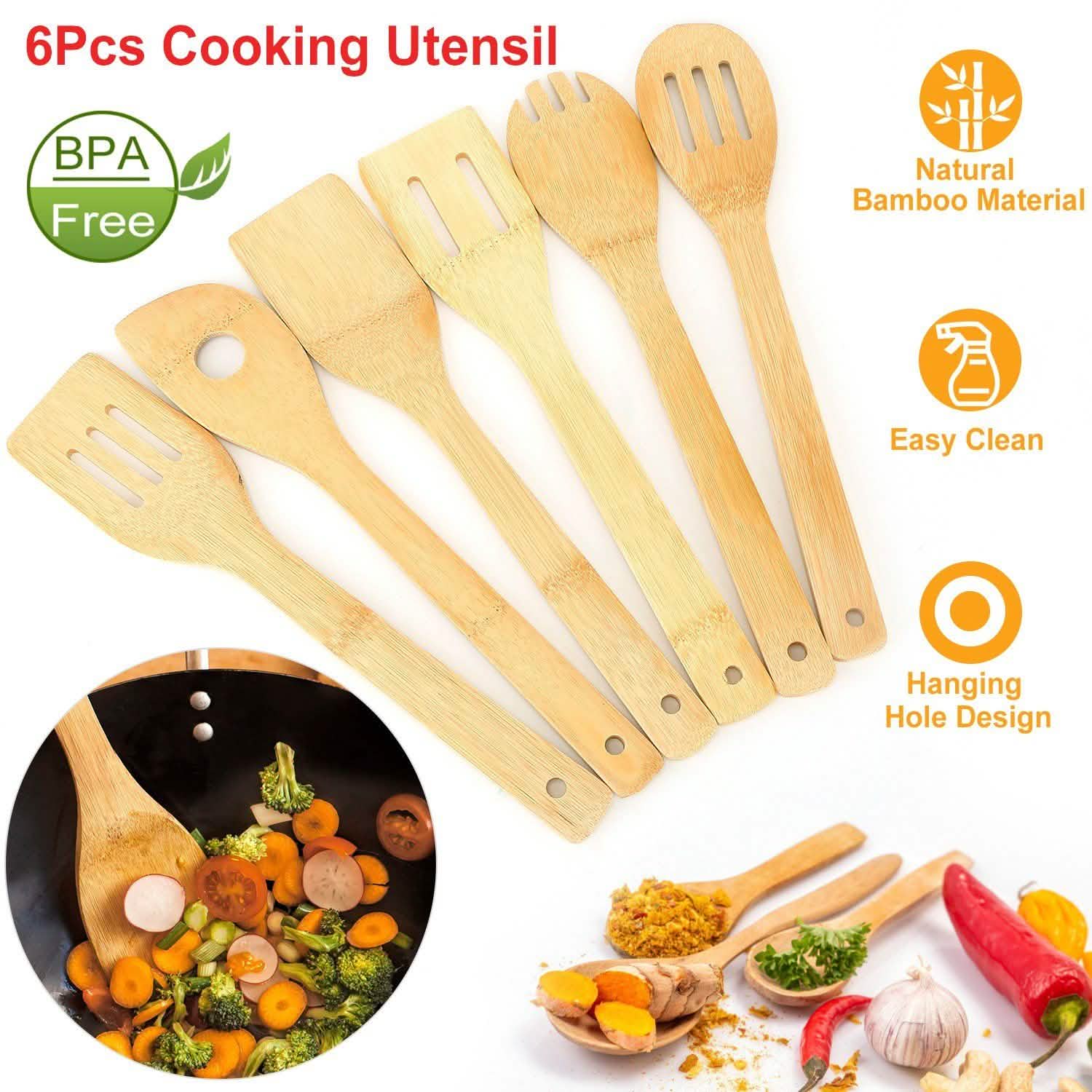 6-Pieces: Cooking Utensil Bamboo Wooden Spoons Kitchen Tools & Gadgets - Tophatter Daily Deals