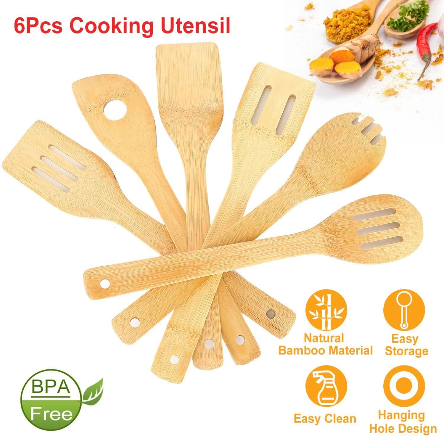 6-Pieces: Cooking Utensil Bamboo Wooden Spoons Kitchen Tools & Gadgets - Tophatter Daily Deals