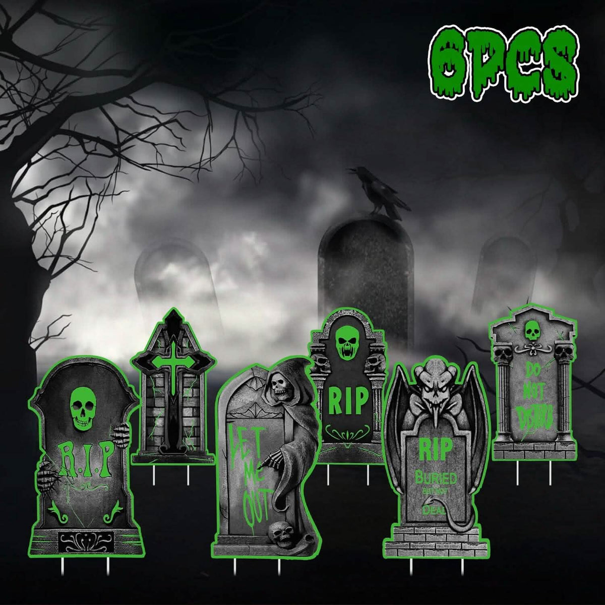 6-Pieces: Glow in the Dark Halloween Yard Sign Decorations with 12 Stakes Seasonal Decor - Tophatter Daily Deals