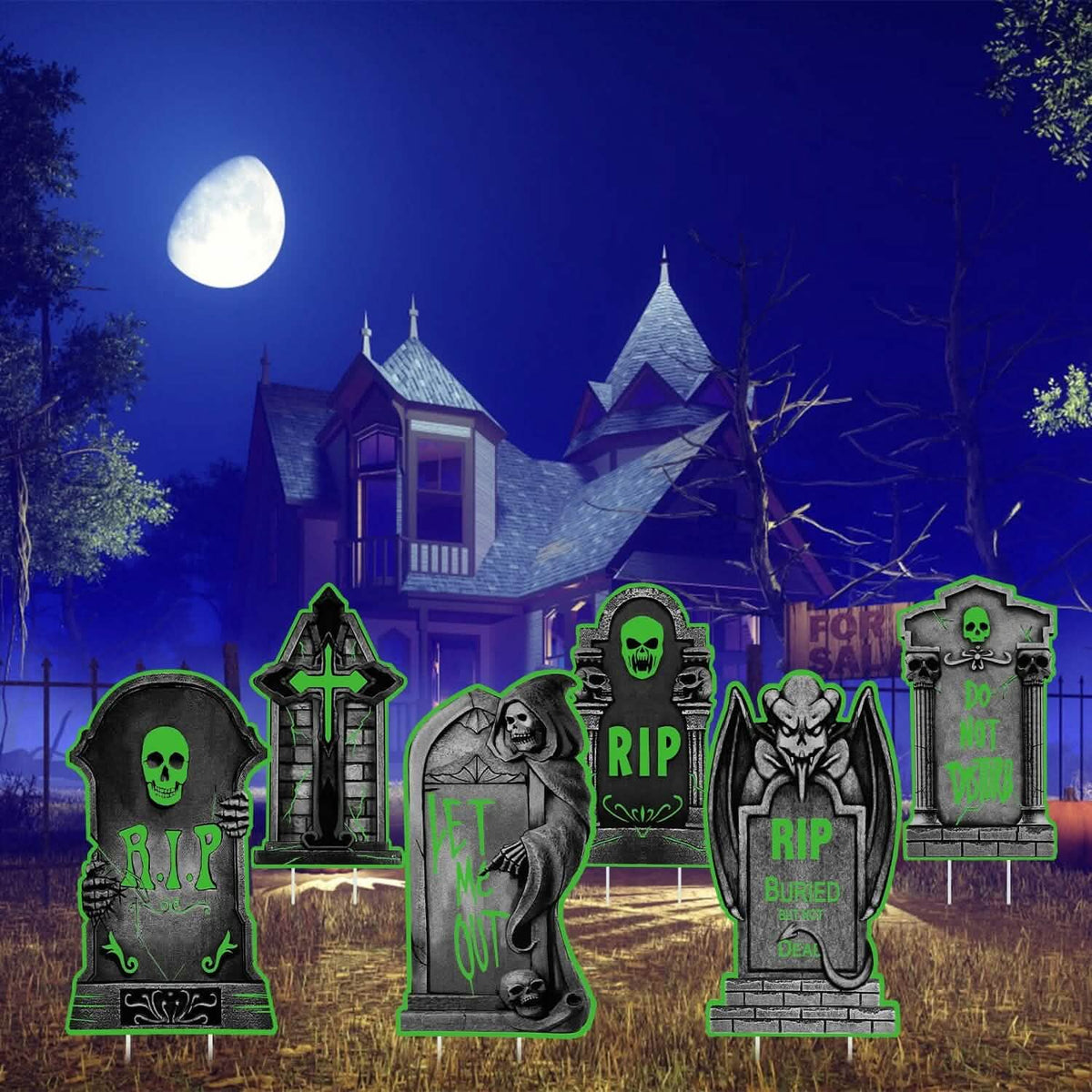6-Pieces: Glow in the Dark Halloween Yard Sign Decorations with 12 Stakes Seasonal Decor - Tophatter Daily Deals