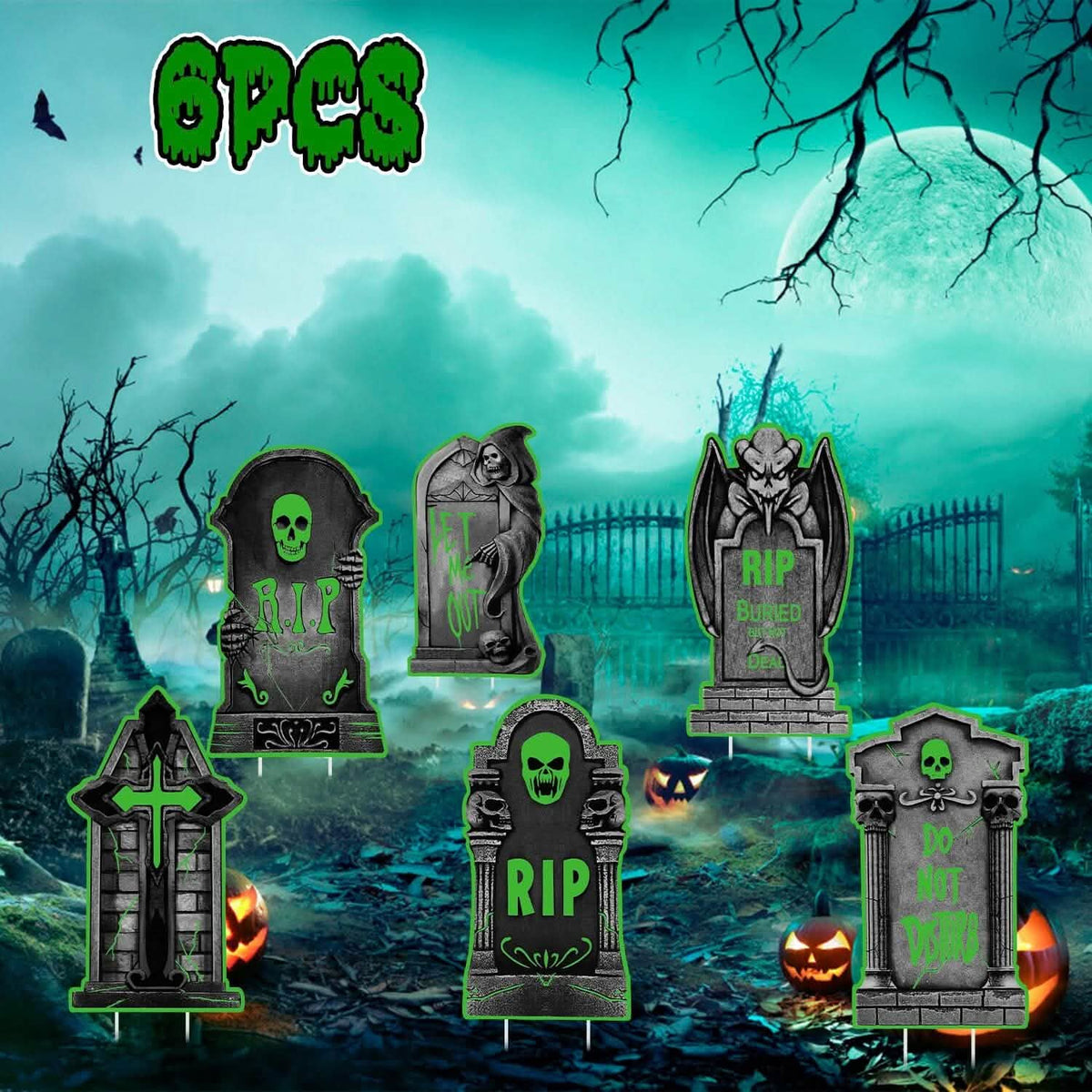 6-Pieces: Glow in the Dark Halloween Yard Sign Decorations with 12 Stakes Seasonal Decor - Tophatter Daily Deals
