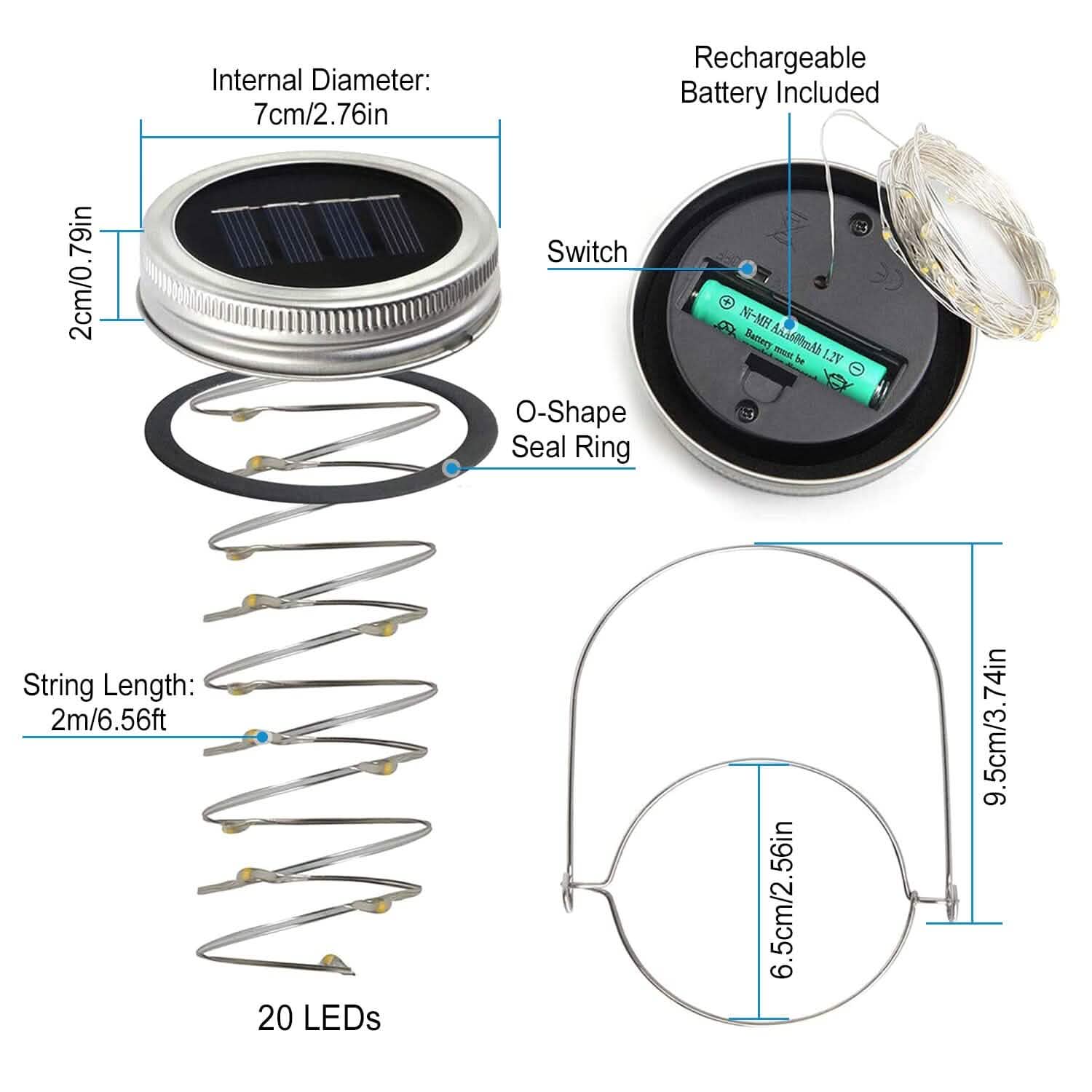 6-Pieces: Solar Powered Mason Jar Lid Lights 20 LEDs String & Fairy Lights - Tophatter Daily Deals
