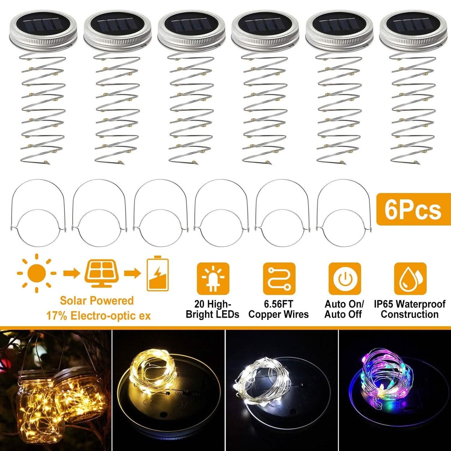 6-Pieces: Solar Powered Mason Jar Lid Lights 20 LEDs String & Fairy Lights - Tophatter Daily Deals