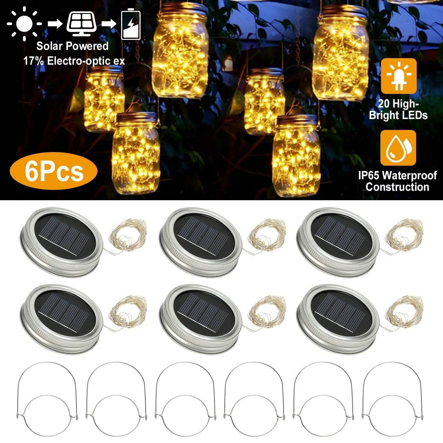 6-Pieces: Solar Powered Mason Jar Lid Lights 20 LEDs String & Fairy Lights - Tophatter Daily Deals