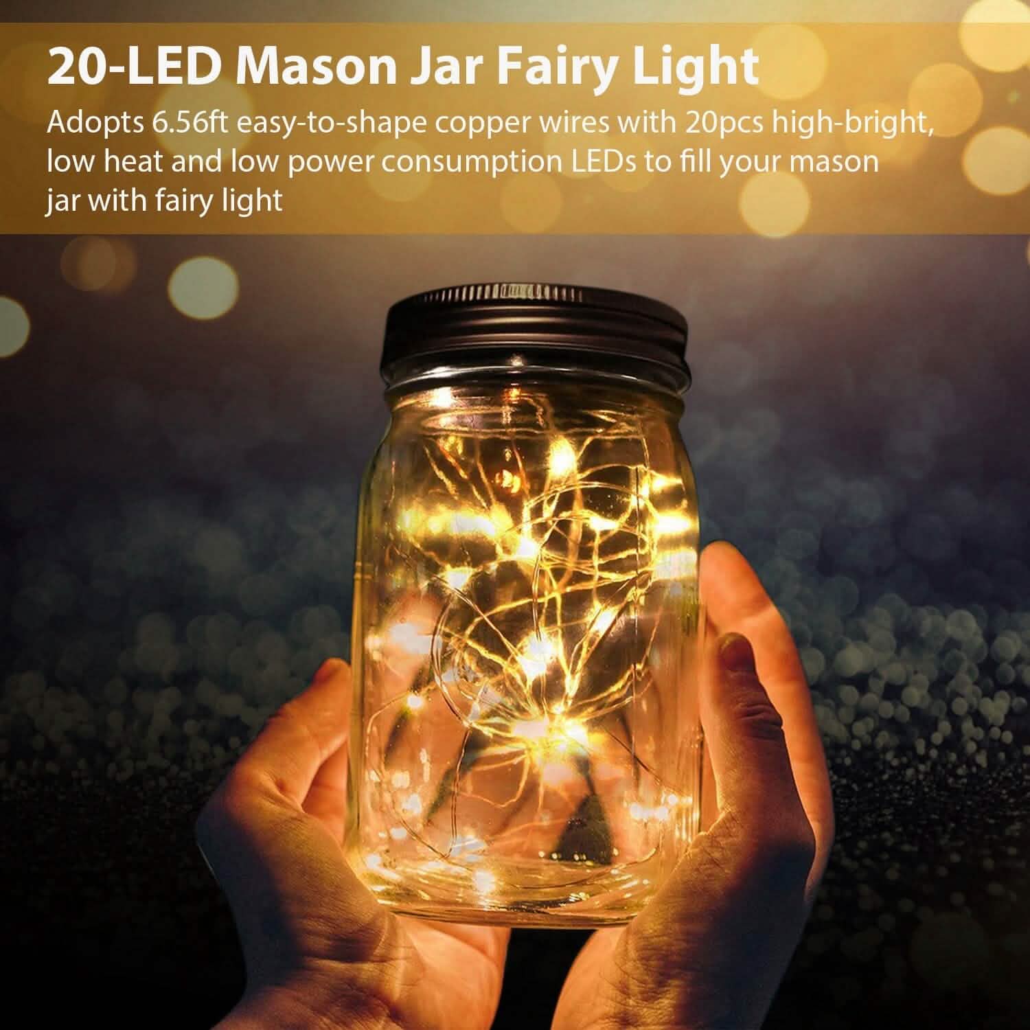6-Pieces: Solar Powered Mason Jar Lid Lights 20 LEDs String & Fairy Lights - Tophatter Daily Deals