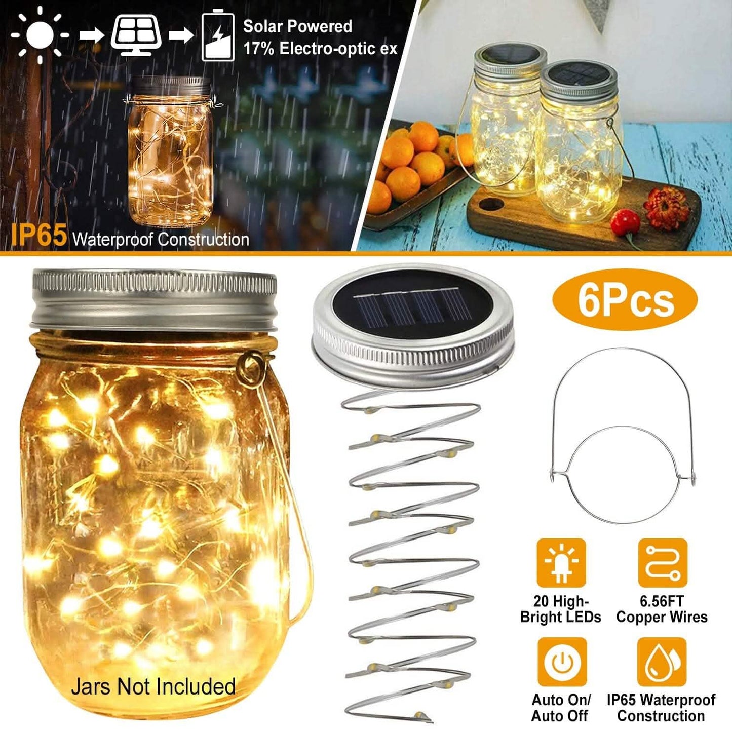 6-Pieces: Solar Powered Mason Jar Lid Lights 20 LEDs String & Fairy Lights - Tophatter Daily Deals