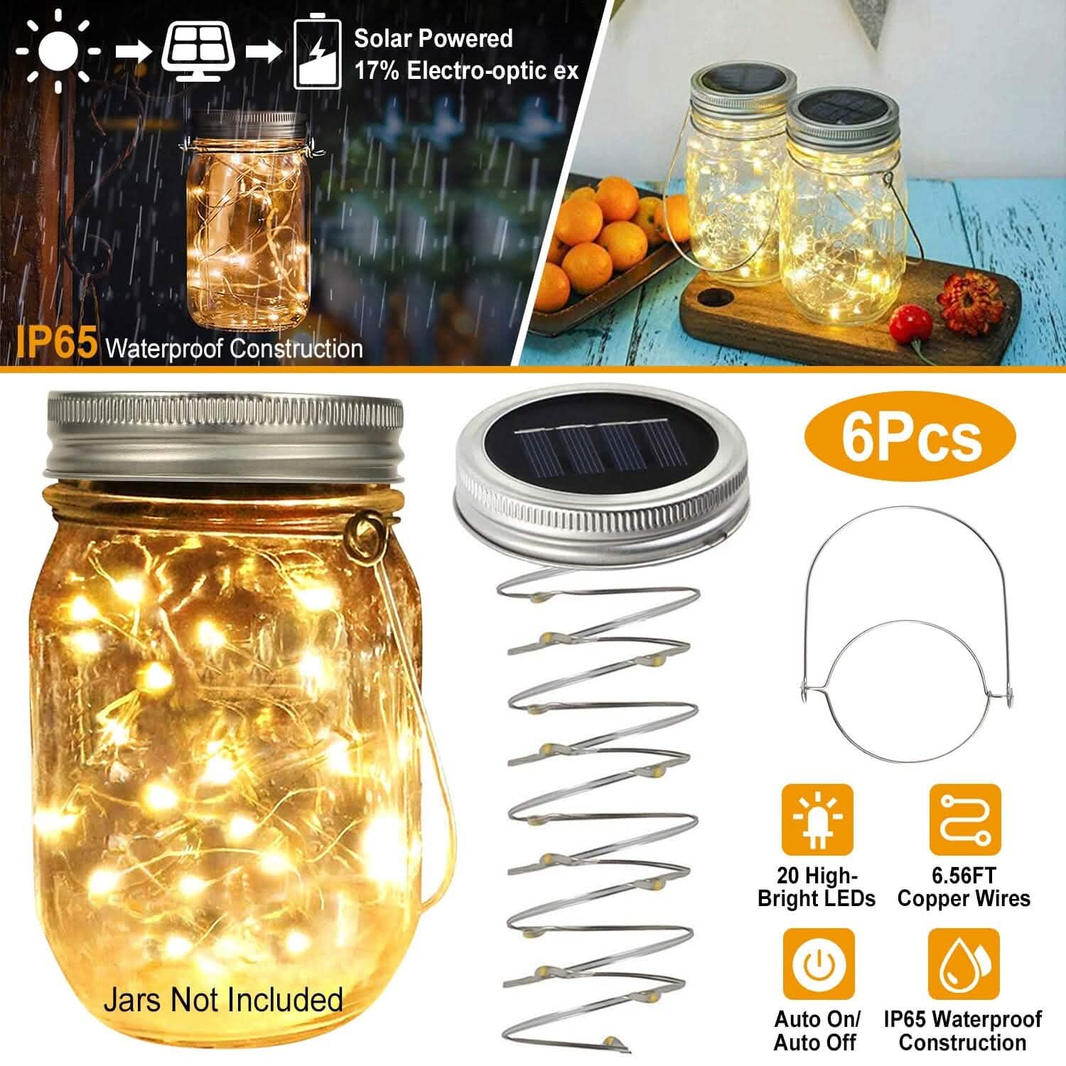 6-Pieces: Solar Powered Mason Jar Lid Lights 20 LEDs String & Fairy Lights - Tophatter Daily Deals