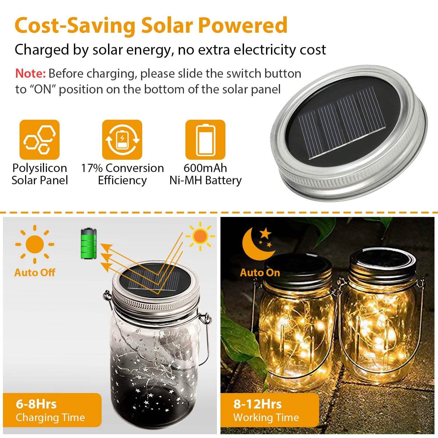 6-Pieces: Solar Powered Mason Jar Lid Lights 20 LEDs String & Fairy Lights - Tophatter Daily Deals