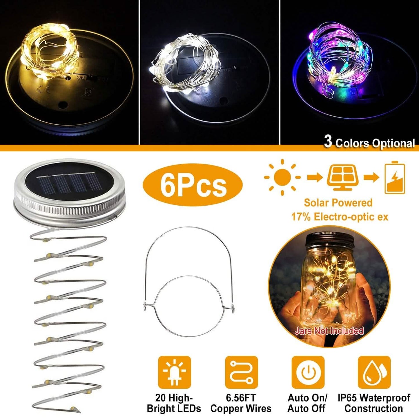 6-Pieces: Solar Powered Mason Jar Lid Lights 20 LEDs String & Fairy Lights - Tophatter Daily Deals