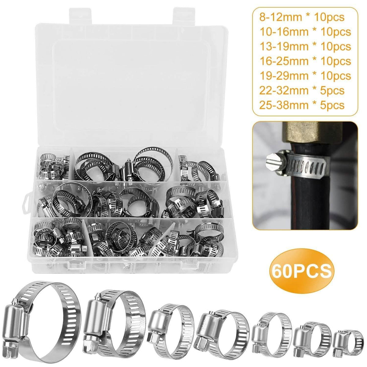 60-Pieces: Hose Clamp Stainless Steel Adjustable Worm Gear Automotive - Tophatter Daily Deals