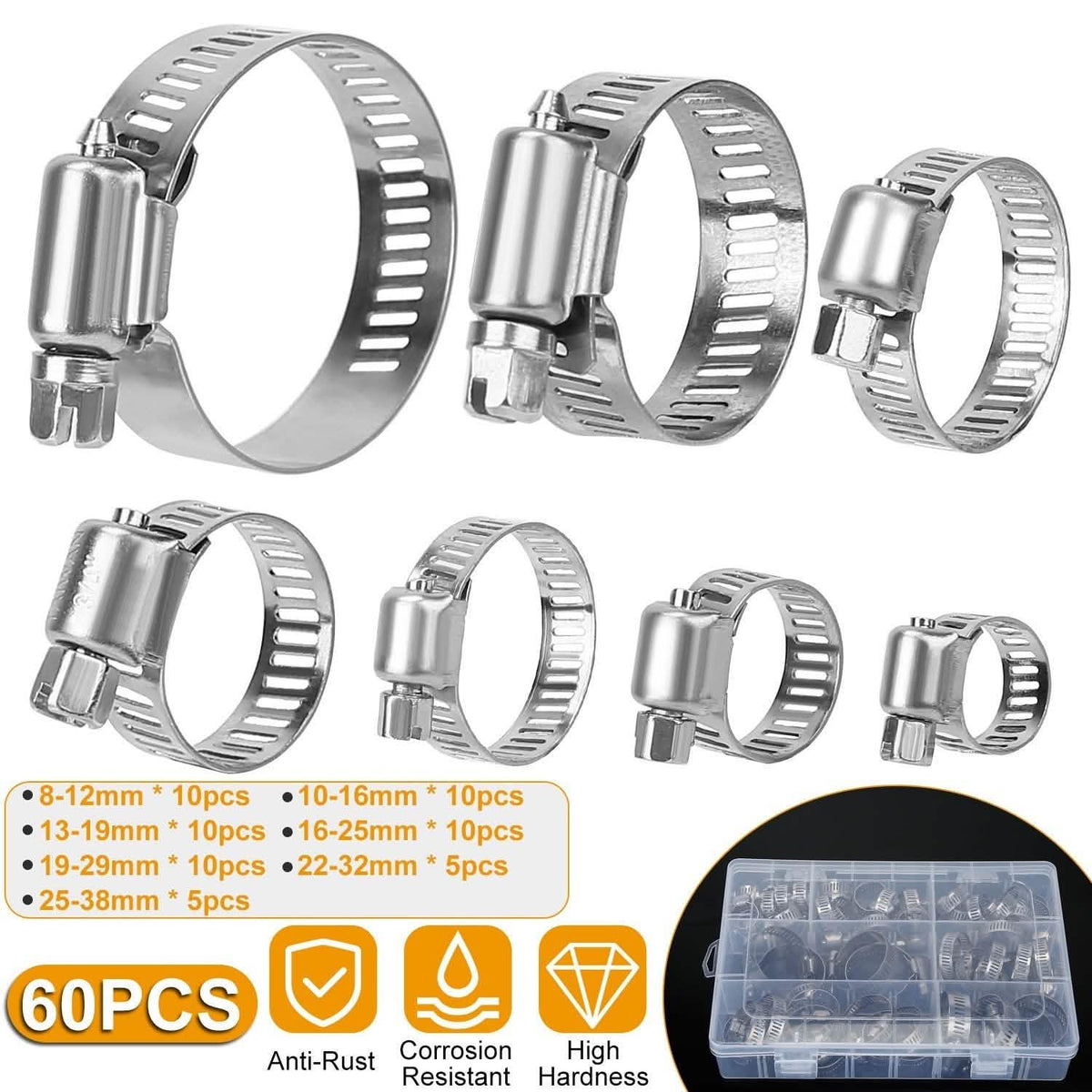 60-Pieces: Hose Clamp Stainless Steel Adjustable Worm Gear Automotive - Tophatter Daily Deals