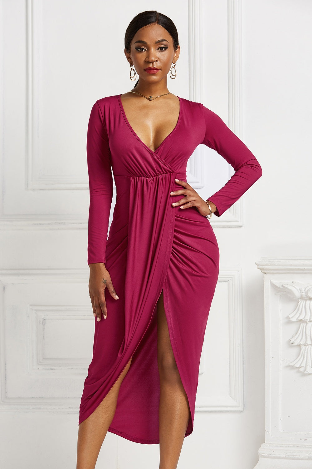 High-low Ruched Surplice Long Sleeve Dress - Tophatter Deals