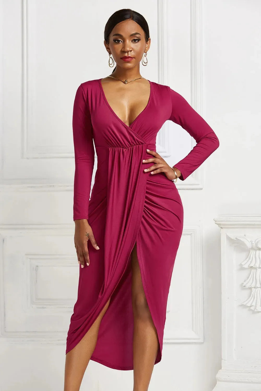 High-low Ruched Surplice Long Sleeve Dress Deep Rose Cocktail Dresses - Tophatter Daily Deals