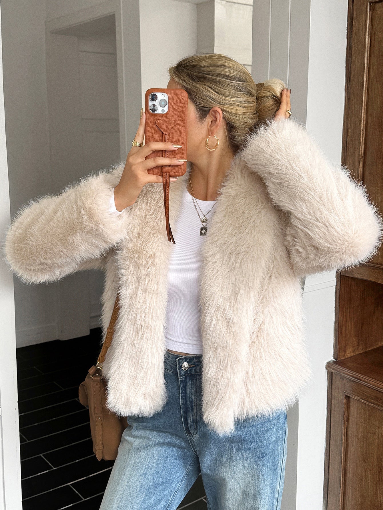 Warm Women's Fleece Coat - Boxy Hip Length, Faux Fur Apricot 3D Changing Face Moving Picture Frame - Tophatter Daily Deals