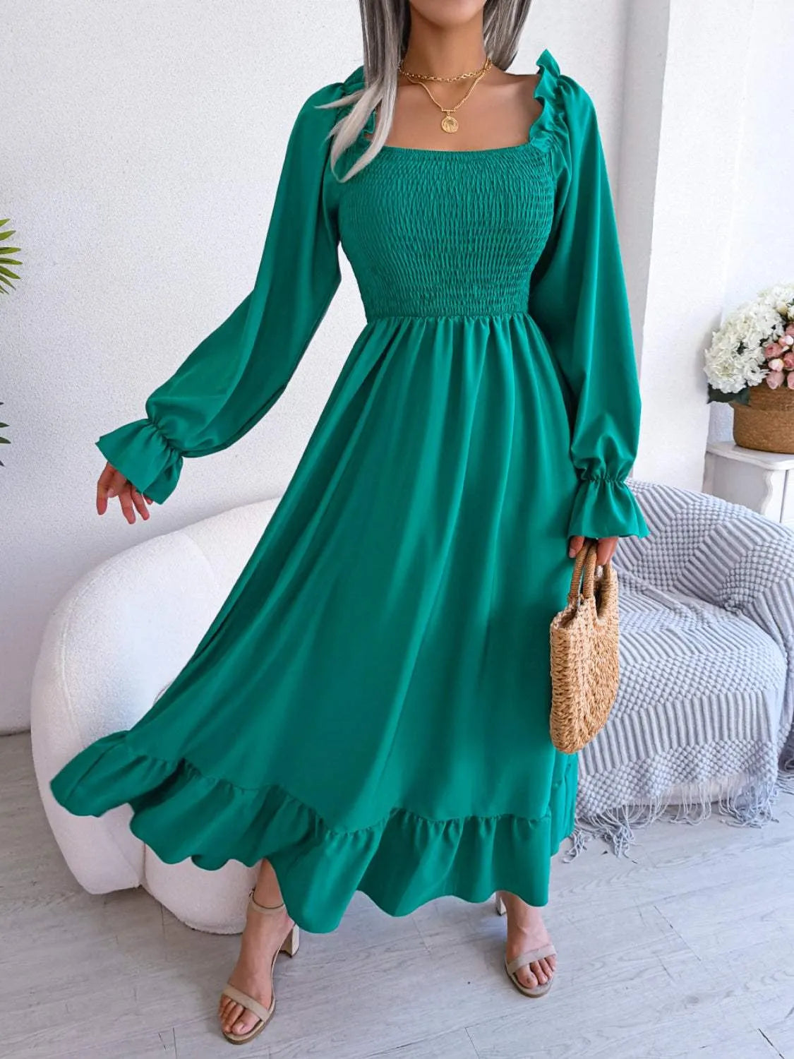 Smocked Square Neck Flounce Sleeve Dress Casual Dresses - Tophatter Daily Deals