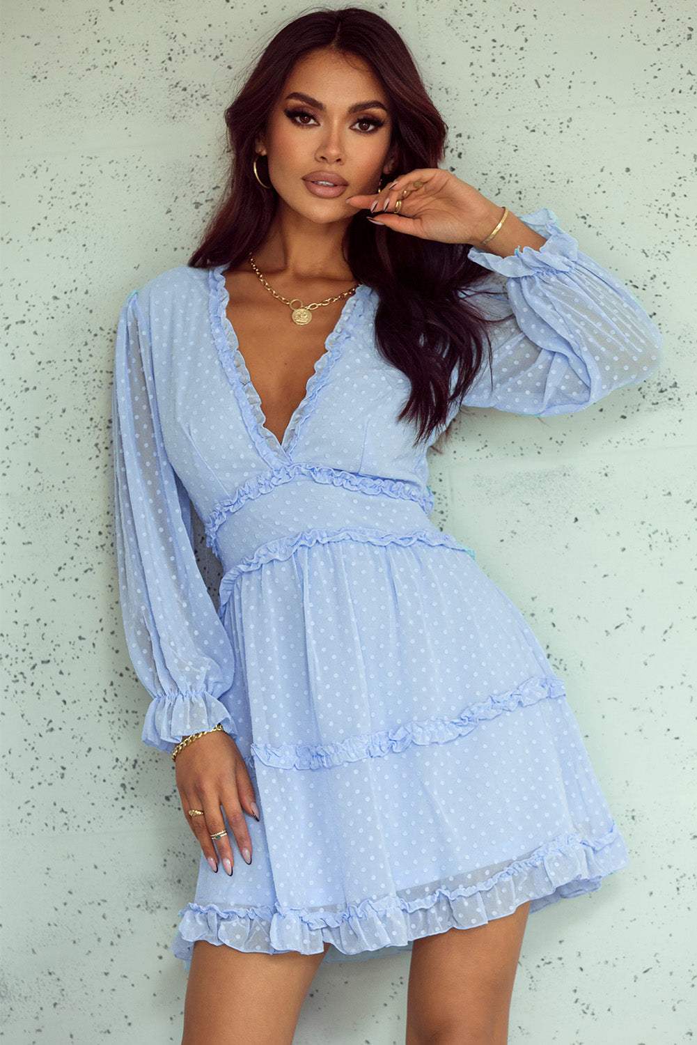 Swiss Dot Frill V-Neck Mini Dress Casual Dresses - Tophatter Daily Deals